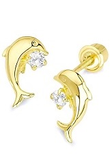 gorgeous minuscule gold white cz dolphin screw back earrings